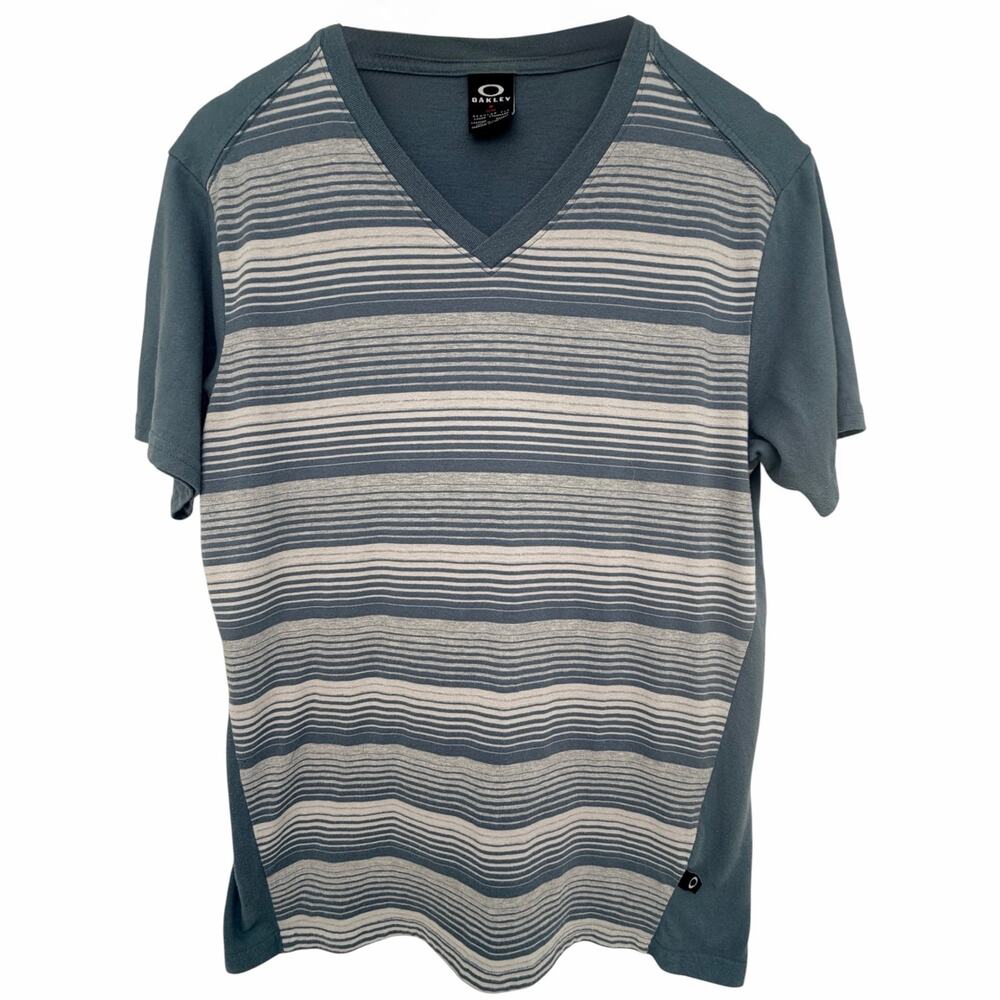 Oakley Striped V Neck T Shirt Mens M Blue Gray Regular Fit Made Mexico